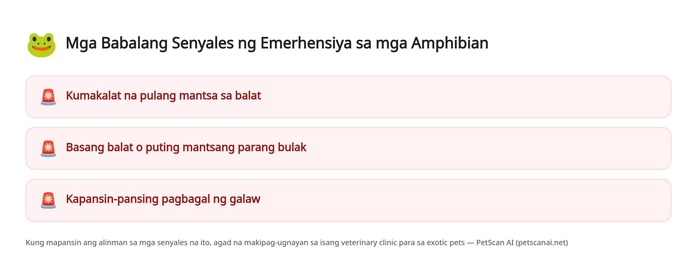 Mga Babalang Senyales ng Emerhensiya sa mga Amphibian: Kumakalat na pulang mantsa sa balat, Basang balat o puting mantsang parang bulak, Kapansin-pansing pagbagal ng galaw — PetScan AI
