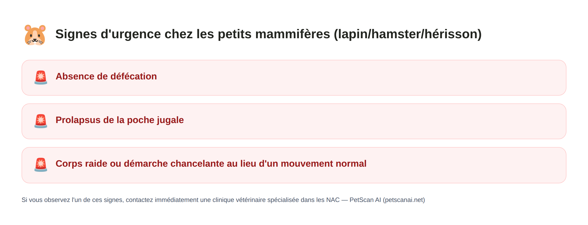 Petits mammifères (lapin/hamster/hérisson) signes d'urgence : absence de défécation, prolapsus de la poche jugale, corps raide ou démarche chancelante au lieu d'un mouvement normal — PetScan AI