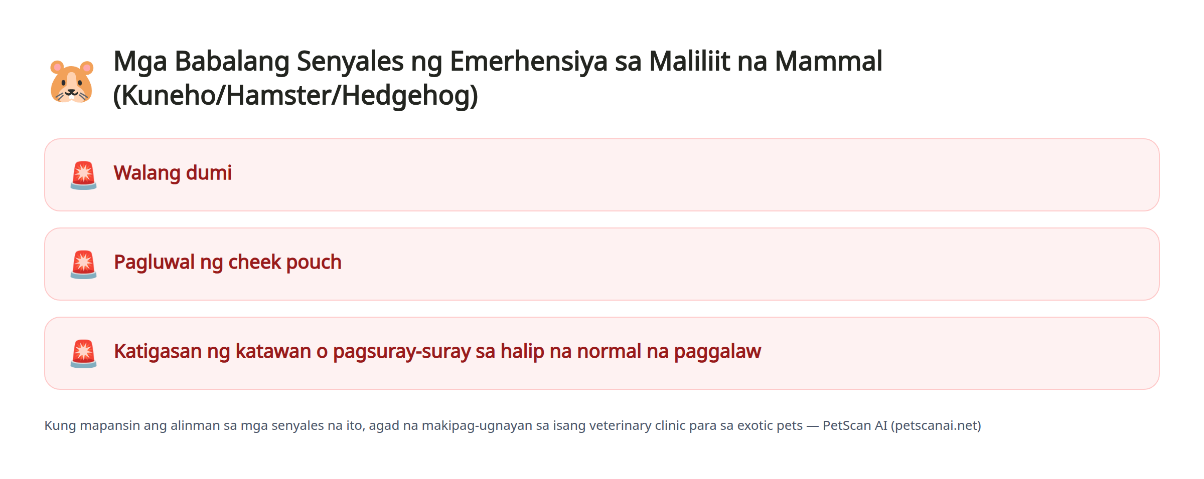 Mga Babalang Senyales ng Emerhensiya sa Maliliit na Mammal (Kuneho/Hamster/Hedgehog): Walang dumi, Pagluwal ng cheek pouch, Katigasan ng katawan o pagsuray-suray sa halip na normal na paggalaw — PetScan AI